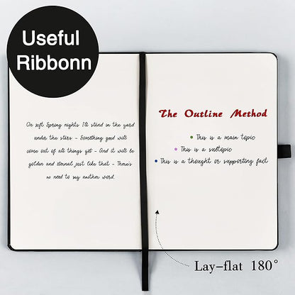 Blank Journal/Notebook - Classic Notebook/Journal with Ribbon Divider, Hardcover with Thick Paper, 5.7" x 8.4", Banded + Pen Holder +Inner Pocket - Black