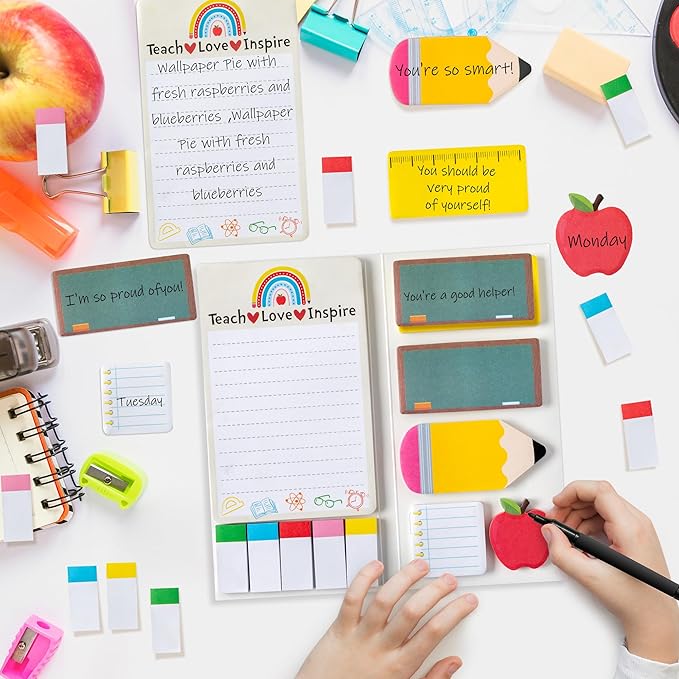 2 Pack Teaching is A Work of Heart Sticky Notes Set - Ruler Blackboard Pencil Apple Self-Stick Note Pads Teacher Appreciation Gift Writing Memo Pads Page Marker Back to School Office Supplies