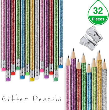 Outus 34 Pieces Glitter Pencils with Eraser Wood Colorful Pencils and Sharpeners for Graduation Kids Writing Painting