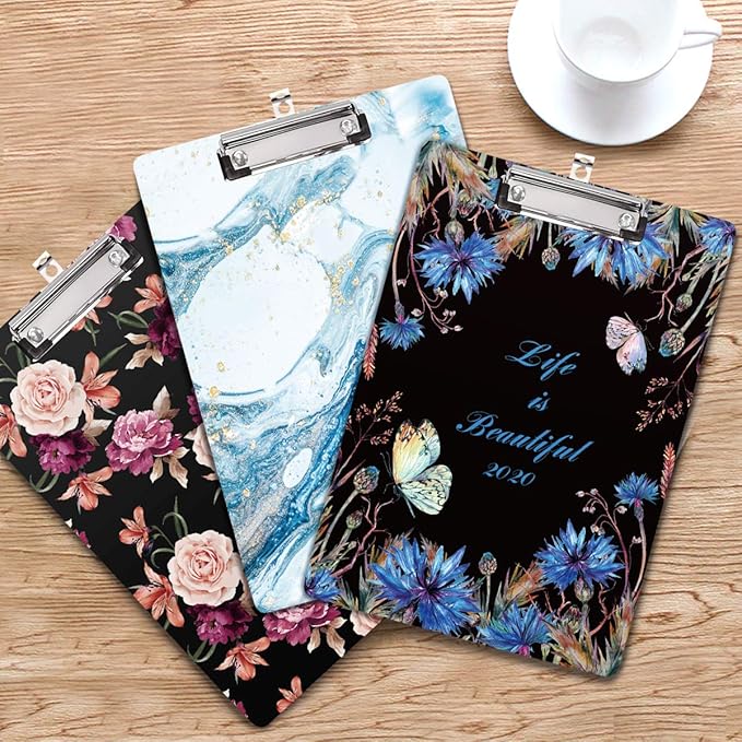 Blue Clipboard, Cute clipboard, WAVEYU Letter Size Clipboard with Low Profile Clip, Retractable Key Hole for Hanging Paperboard for Office School, Teal Marble (12.5"x9")