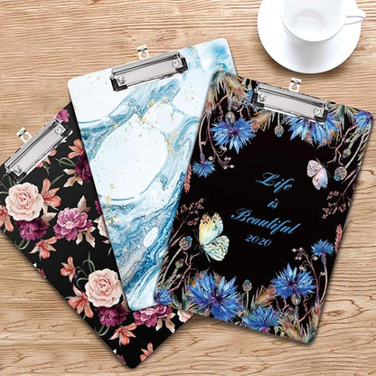 Blue Clipboard, Cute clipboard, WAVEYU Letter Size Clipboard with Low Profile Clip, Retractable Key Hole for Hanging Paperboard for Office School, Teal Marble (12.5"x9")