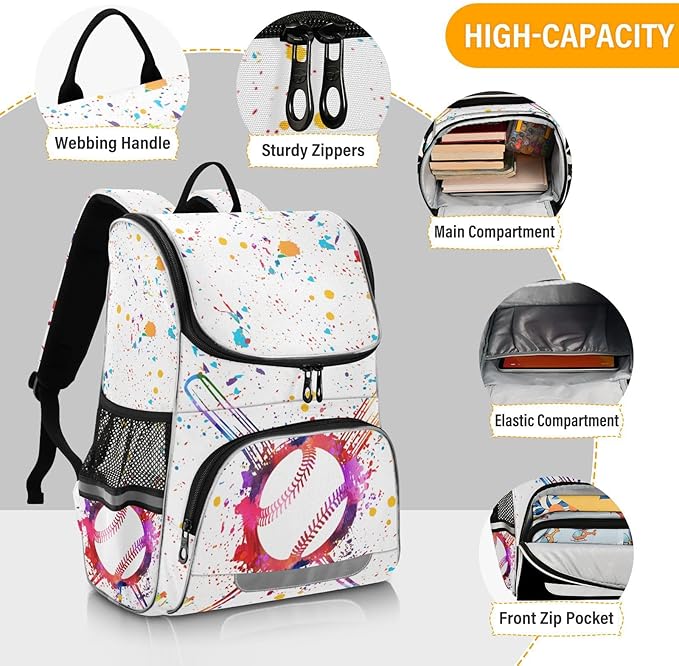 Baseball Ball Backpack with Reflective Strip for Kids Boys Girls Elementary School Bag Removable Chest Stra