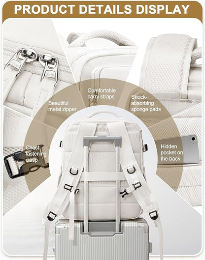 Large Travel Carry on Laptop Backpack for Women Men, Expandable Flight Approved Backpack, Waterproof Sports College bag Casual Daypack for Weekender Business Hiking with Beige