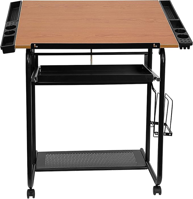 Flash Furniture Swanson Adjustable Drawing and Drafting Table with Black Frame and Dual Wheel Casters, Cherry