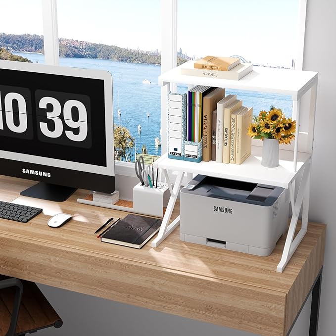 Printer StandAboxoo Printer Stand for Desk, Desktop Printer Shelf Large Printer Stands 3 Tiers Multi-Purpose Desk Office Organization Shelves for Home Office Printer Fax Book, White