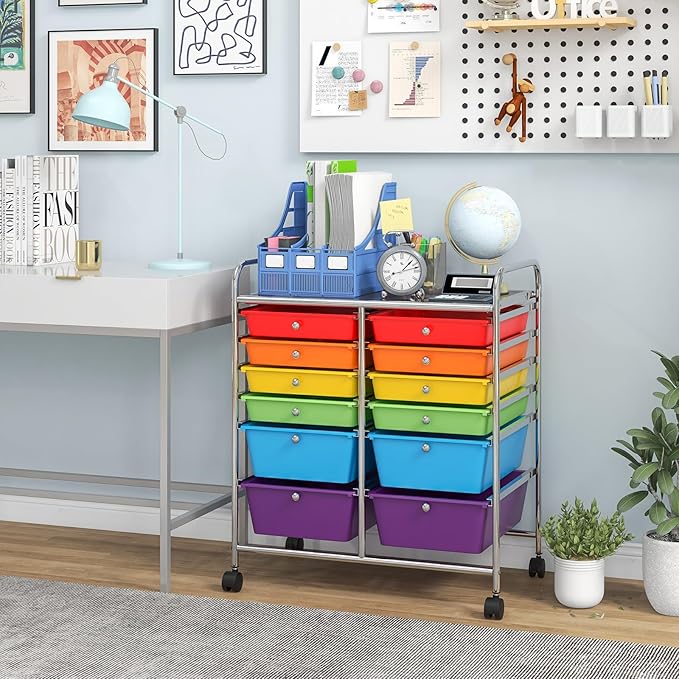 Giantex 12-Drawer Rolling Storage Cart, Multipurpose Movable Organizer Cart, Utility Cart for Home, Office, School (Multicolor)