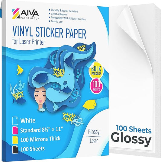 Printable Vinyl Sticker Paper for Laser Printer - Glossy White - 100 Self-Adhesive Sheets - Waterproof Decal Paper - Standard Letter Size 8.5"x11"