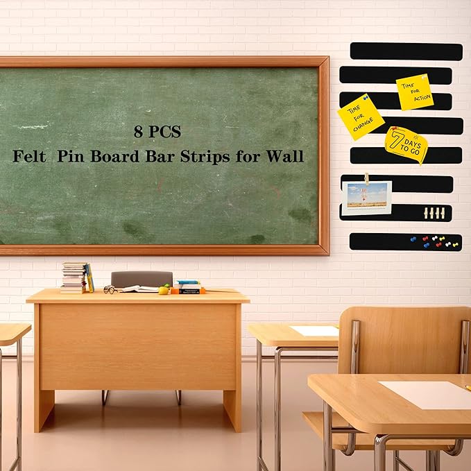 Black Bulletin Board Strips, 8Pcs Felt Pin Board Bar Strips with 50 Pushpins, Self-Adhesive Felt Cork Board Strips for Wall to Display Your Notes, Photos, Schedules, Announcements