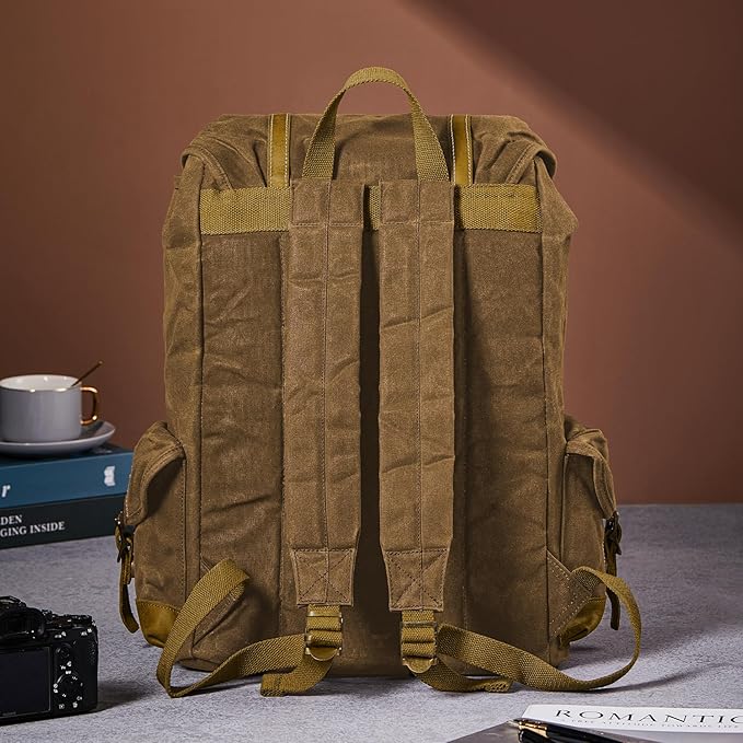 Backpack for Men Heavy Duty Waxed Canvas Vintage Women Trim Casual 15.6" laptop Travel Backpack-Brown