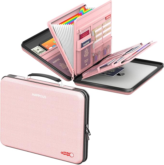 Fireproof File Box, Expanding File Organizer with 13 Pockets, Portable Fireproof Document Box Hard-Shell Document Organizer Storage for Documents Laptop Passports Cards Pink