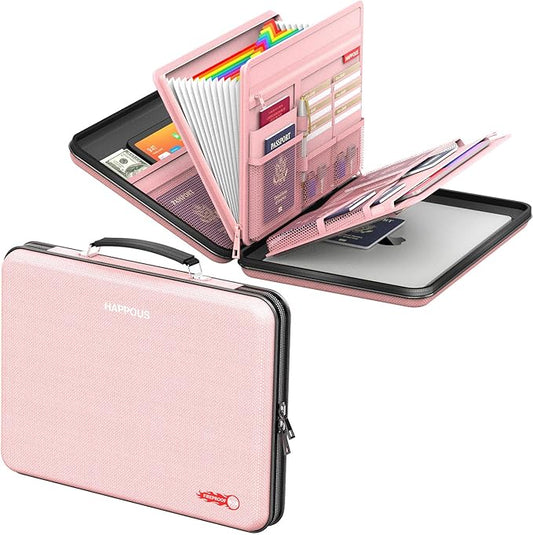 Fireproof File Box, Expanding File Organizer with 13 Pockets, Portable Fireproof Document Box Hard-Shell Document Organizer Storage for Documents Laptop Passports Cards Pink