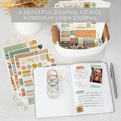 ZICOTO Ultimate All-in-One Journaling Kit - Incl. Journal Notebook With Linen Hardcover and Dotted Pages, Stencils, Stickers, Washi Tapes, Paper Clips and More Bullet Checklist Supplies