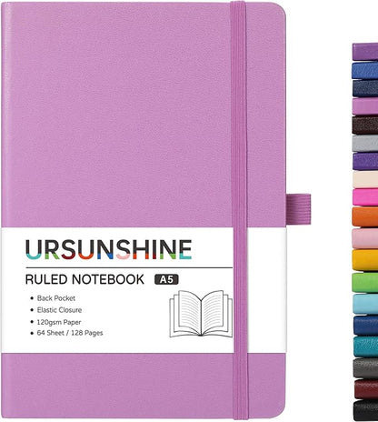 Ruled Notebook/Journal - Classic Lined Journal/Notebook, 5.3'' x 8.26'', Hardcover with Thick Paper, Banded + Pen Holder +Inner Pocket - Macaron Purple