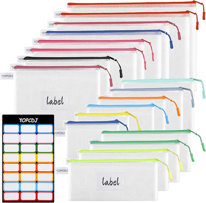 18PCS Mesh Zipper Pouch, Zipper Bags for Office Supplies,12 Colors for Reusable Zipper Pouches, 8 Sizes for Office Supply and Home Organize