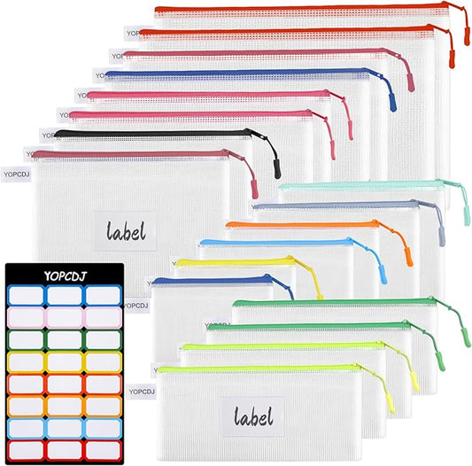 18PCS Mesh Zipper Pouch, Zipper Bags for Office Supplies,12 Colors for Reusable Zipper Pouches, 8 Sizes for Office Supply and Home Organize