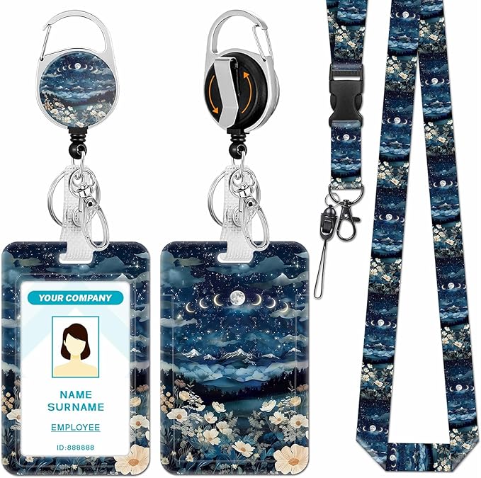 Lanyards for Id Badges, Moon Lunar Eclipse Badge Holder with Retractable Reel Clip, Cute Work Name Tags Keychain Lanyard ID Card Protector Cover for Women Teacher Nurse Nursing Doctor Office