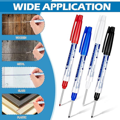 4 Pcs Deep Reach Markers Long Nose Waterproof Deep Hole Marker Carpenter Ink 30 mm Reach Permanent and Pens for Carpenters Builders Construction, 4 Colors