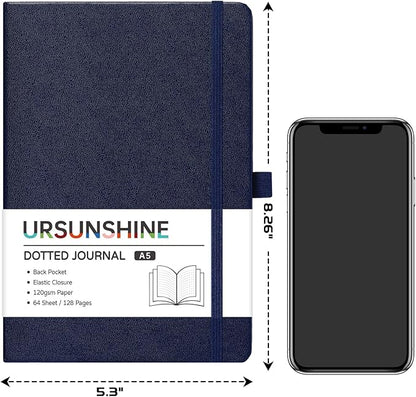 Dotted Journal/Notebook - Dot Grid Hard Cover Notebook, Premium Thick Paper with Fine Inner Pocket, Black Smooth Faux Leather, Pen Loop, 5.3'' x 8.26'' - Dark Blue