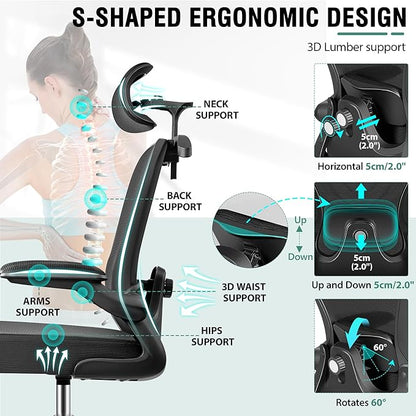 Drafting Chair, Tall Office Chair with 3D Lumbar & Head Support, Ergonomic Mesh Standing Desk Chair with Footring, Comfy Extended High Desk Chair with Flip-Up Arms & Hanger (Black)