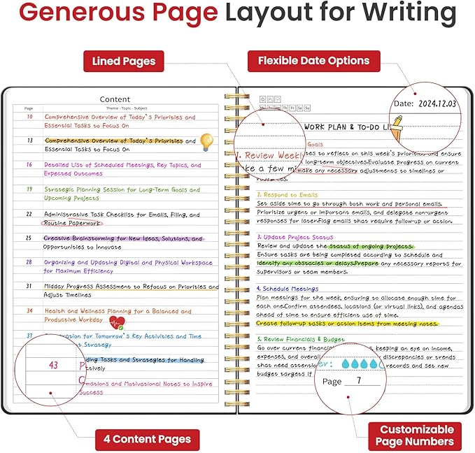 Taja Spiral Lined Notebook, 8.5"x11" Notebooks for Work, Large A4 Journal for Women & Men, College Ruled Journaling Notebook for Writing, Plastic Cover Spiral Journal, Black