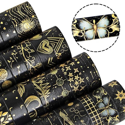 Black Washi Tape Set, 27 Rolls Black Gold Foil Decorative Masking Tape for Bullet Journaling, Scrapbooking Supplies, Watercolor Painting