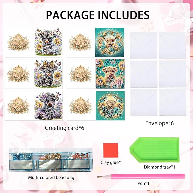 Tontut 6pcs Diamond Art Painting Kit Greeting Card, Sunflower Yellow Cow 5D DIY Diamond Handmade Holiday Greeting Card with Envelope, Holiday Gift Congratulation