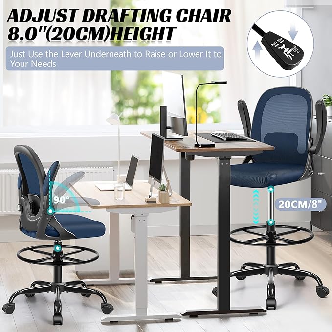 Drafting Chair, Tall Office Chair Ergonomic Standing Desk Chair,with Adjustable Footrest Ring, 3D Lumbar Support, Flip-up Armrests, Swivel Desk Stool for Drawing Working (Navy)