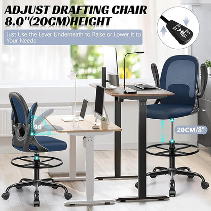 Drafting Chair, Tall Office Chair Ergonomic Standing Desk Chair,with Adjustable Footrest Ring, 3D Lumbar Support, Flip-up Armrests, Swivel Desk Stool for Drawing Working (Navy)