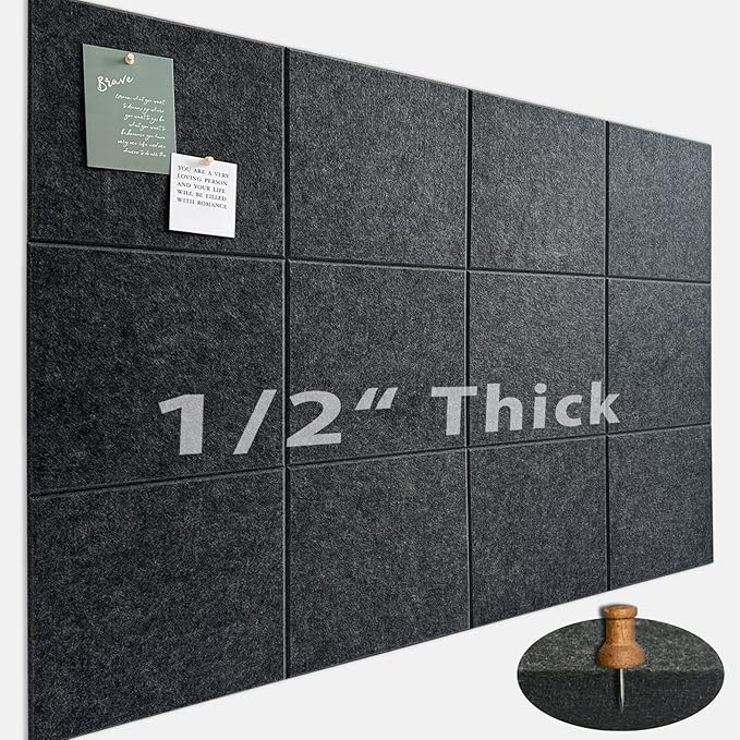 Large Cork Board for Office Wall Decor,48"x36"-12 Pack Felt Wall Tiles with 35 Push Pins, Thicker 0.47in, Felt Bulletin Board Pin Board Cork Boards for Walls - Dark Grey