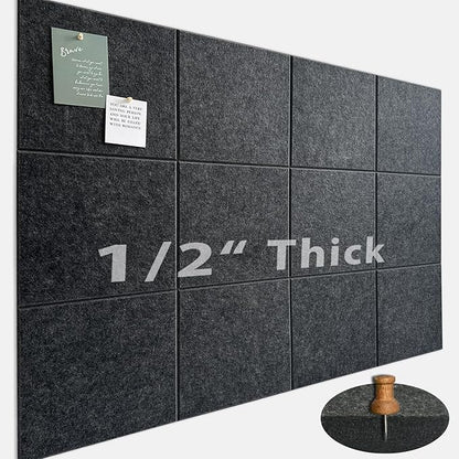 Large Cork Board for Office Wall Decor,48"x36"-12 Pack Felt Wall Tiles with 35 Push Pins, Thicker 0.47in, Felt Bulletin Board Pin Board Cork Boards for Walls - Dark Grey
