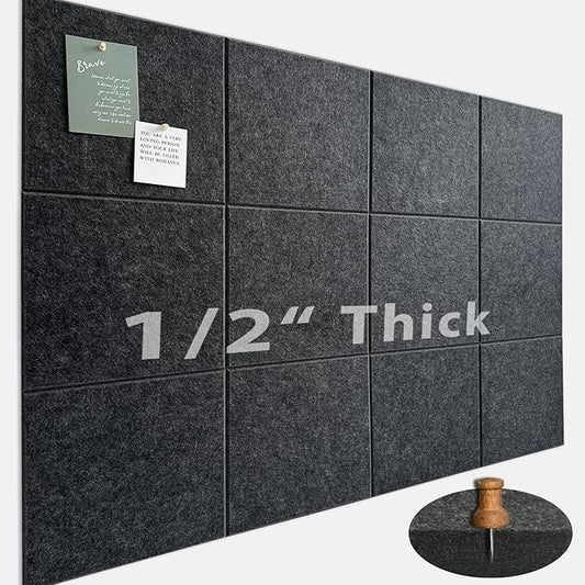 Large Cork Board for Office Wall Decor,48"x36"-12 Pack Felt Wall Tiles with 35 Push Pins, Thicker 0.47in, Felt Bulletin Board Pin Board Cork Boards for Walls - Dark Grey