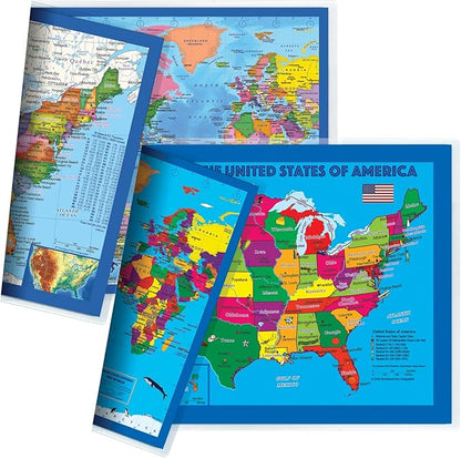 2-Sided Desk Map with Durable Lamination (2 Pack: US/US Centered World; Children's US/US Centered World)