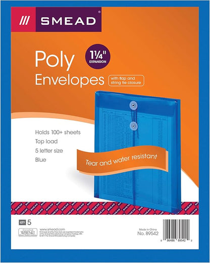 Smead Poly Envelope, 1-1/4" Expansion, String-Tie Closure, Top Load, Letter Size, Blue, 5 per Pack (89542)
