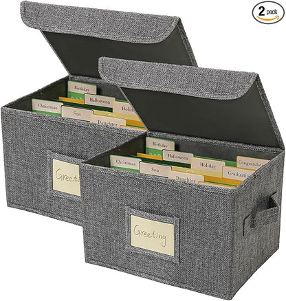 Vienrose Greeting Card Organizer Storage Box with 20 Removable Dividers, 84 Self-stick Labels, Perfect for Photos, Envelopes, Scrapbooking, Paper, Stickers Holder 2 Pack Grey