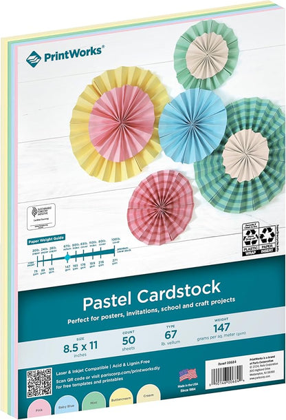 Printworks Pastel Cardstock, 67 lb, 4 Assorted Pastel Colors, FSC Certified, Perfect for School and Craft Projects, 50 Sheets, 8.5” x 11” (00684)