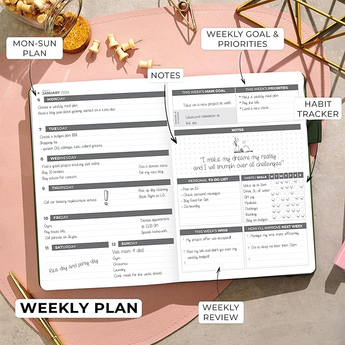 Clever Fox Dated Planner 2025-2026 – Weekly Life Planner Notebook for Goal Setting & Time Management – Planner with Habits Tracker, to-do List & Dated Pages – A5, Lasts 1 Year (Forest Green)