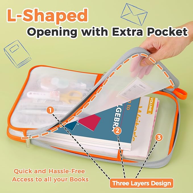 Pendancy Mesh Zipper Pouch 14.8x10.8 in Transparent Lightweight Nylon File Folders, A4 Size Multi-Layer Subject Document Organizer Accessories Storage Bag for Office and School Supplies(Orange)
