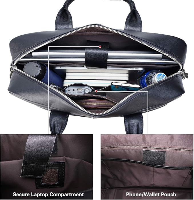 Polare Leather Briefcase for Men Business Travel Messenger Bags 15.6 Inch Laptop Bag YKK Metal Zipper
