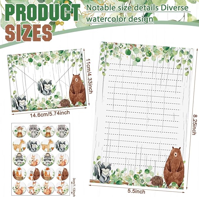 TaoBary 160 Packs Stationery Paper Set (50 Double Sided Stationery Writing Papers 50 Matching Envelopes) 60 Round Dot Sticker, 10 Design(Land Animal,5.5 x 8.25 Inch)
