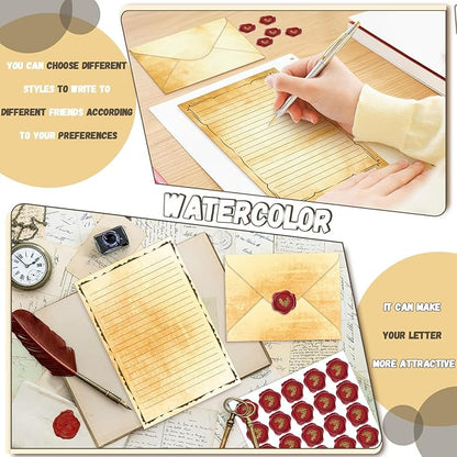 TaoBary 160 Packs Stationery Paper Set (50 Double Sided Stationery Writing Papers 50 Matching Envelopes) 60 Round Dot Sticker, 10 Design(Vintage,5.5 x 8.25 Inch)