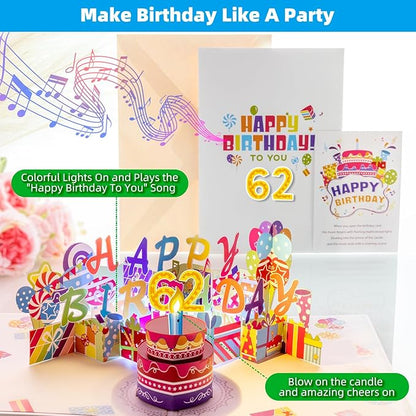 Gumry 62ND Musical Birthday PopUp Card, Blowable Colorful Light Candle 3D Cards with Song, Applause Cheers Sound, Greeting Cards Birthday Gifts Decorations for Women Men Turning 62 Years Old