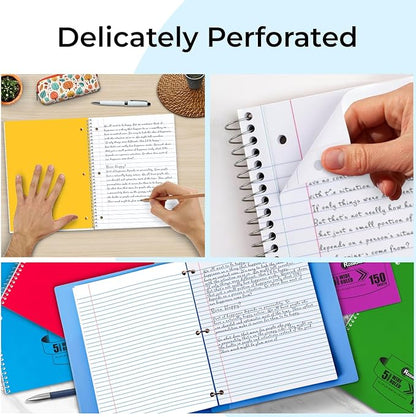 5 Subject Spiral Notebook, 3 Pack, Wide Ruled, Water Resistant Cover, Thick 300 Pages/Book (150 Sheets), 8 x 10-1/2, 3 Hole Punched, Colored Dividers, Assorted Colors, Bulk School & Office