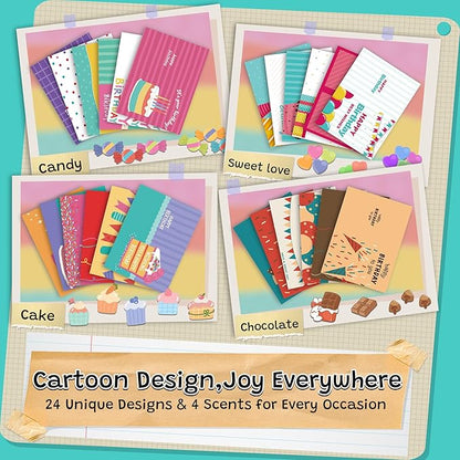 24 Pack Scented Birthday Cards with Envelopes & Stickers, 4x6 Inch Bulk Scratch and Sniff Greeting Cards, Happy Birthday Notes for Family, Kids, Friends, Parties and Office Celebrations