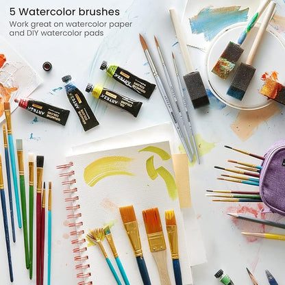 ARTEZA Watercolor Paint Brushes, Set of 5, Round Synthetic Soft-Bristle Brushes