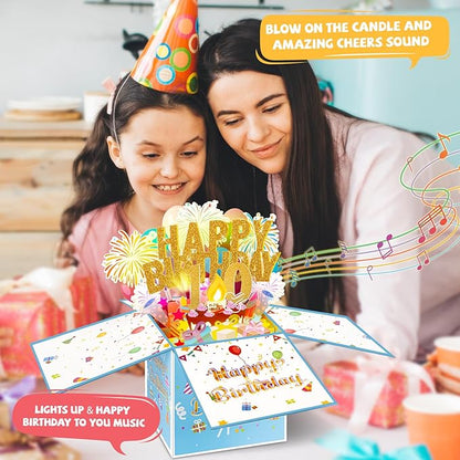 Tnvee 10TH Birthday Cards with Lights & Music & Candle, 3D Pop Up Singing Happy Birthday Greeting Cards Gfits for 10 Years Old Girl Boy Son Daughter