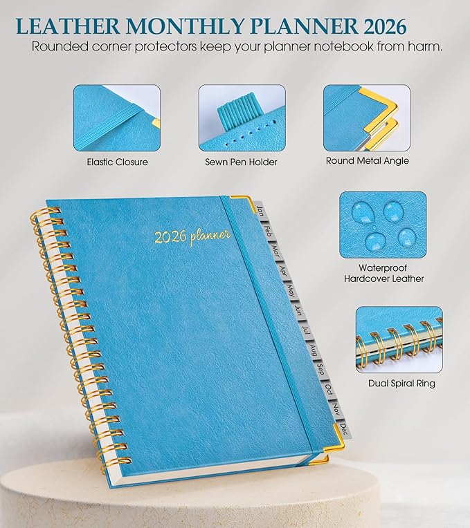 2026 Planner, Weekly and Monthly Calendar Planner from January 2026 - December 2026, 8.5" x 11" Hardcover Leather Hourly Appointment Book with Tabs, Spiral Daily Planners for College School Work Home, Sky Blue