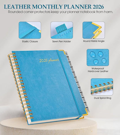 2026 Planner, Weekly and Monthly Calendar Planner from January 2026 - December 2026, 8.5" x 11" Hardcover Leather Hourly Appointment Book with Tabs, Spiral Daily Planners for College School Work Home, Sky Blue