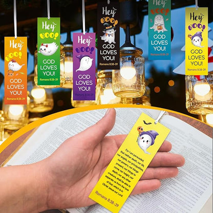 60 Pcs Halloween Bookmark Hey Boo God Loves You Bookmark Romans 8: 38-39 Ghost Christian Bookmarks VBS Exchange Gifts for Kids Adult Church School Classroom Prizes Party Favors