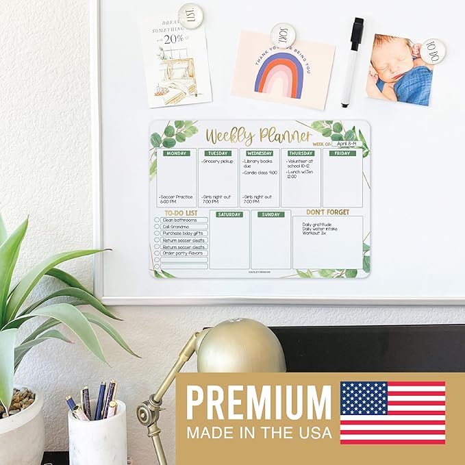 Greenery Magnetic Weekly Calendar for Fridge Whiteboard - Weekly Dry Erase Board for Fridge, Magnetic Weekly Planner for Fridge, Magnetic Whiteboard for Fridge, Schedule Board, White Board for Fridge