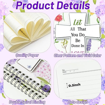 2Pack A5 Floral Cross Religious Spiral Notebooks - Bible Verses Writing Notebooks, Ruled Hardbound Lined Journal, Inspirational Christian Christmas Gift, Sunday School Supply (Purple & Yellow)